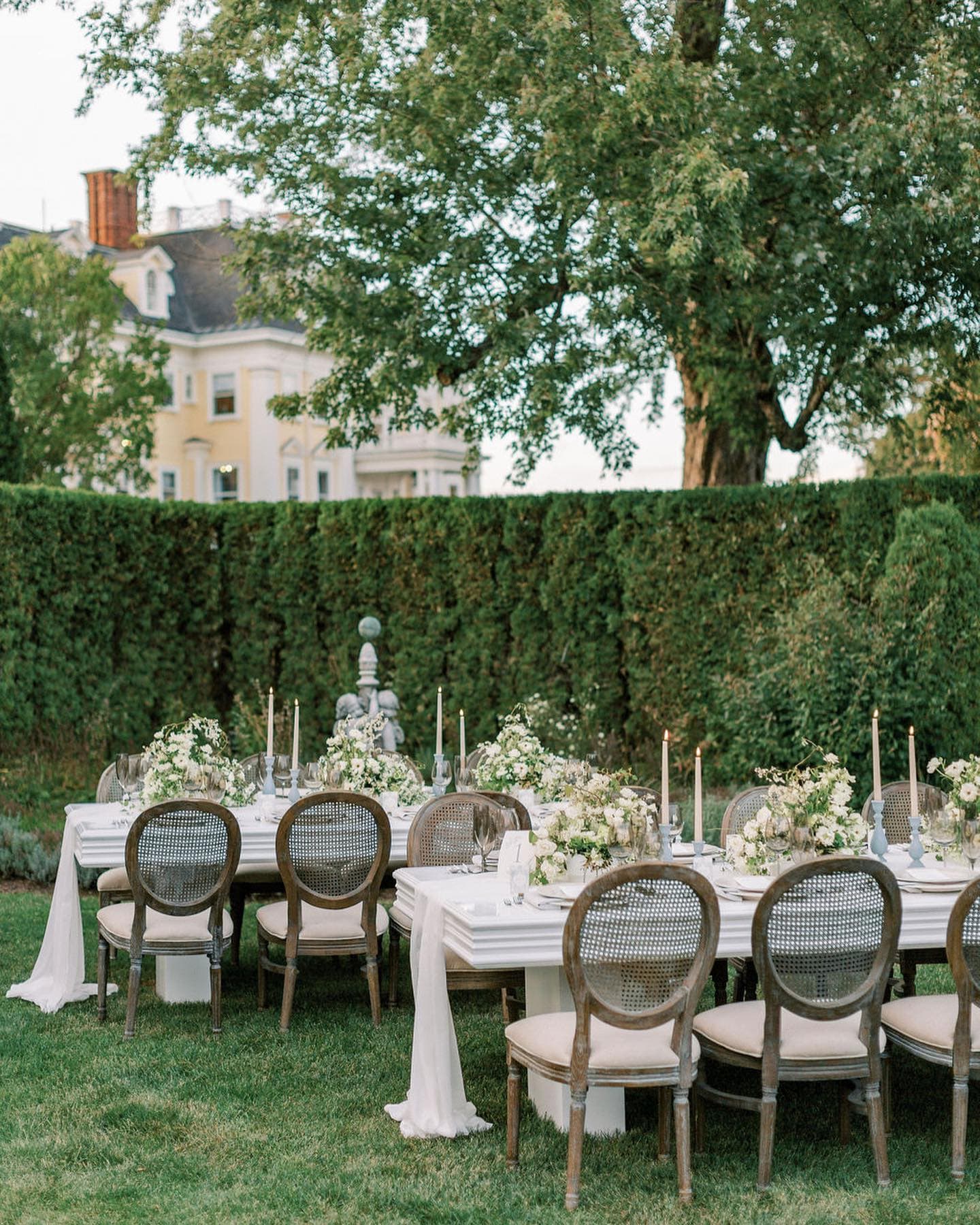 A beautifully arranged outdoor dining table set for a celebration, surrounded by lush greenery.