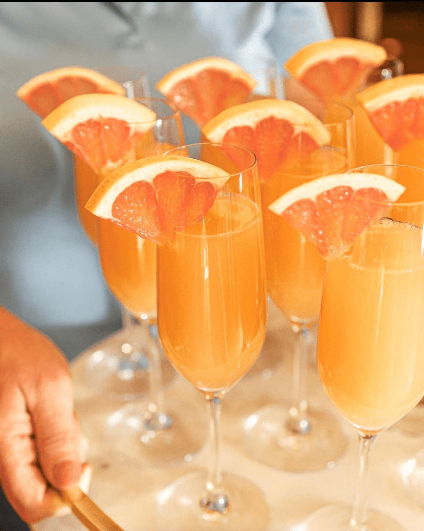 A tray of champagne flutes filled with orange-colored drinks garnished with grapefruit slices.